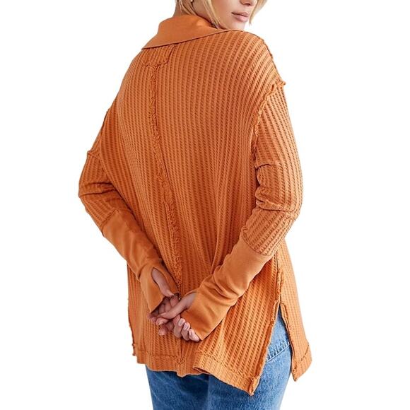 Free People Orange Long Sleeve Raymond Collared Thermal Medium - Picture 2 of 9